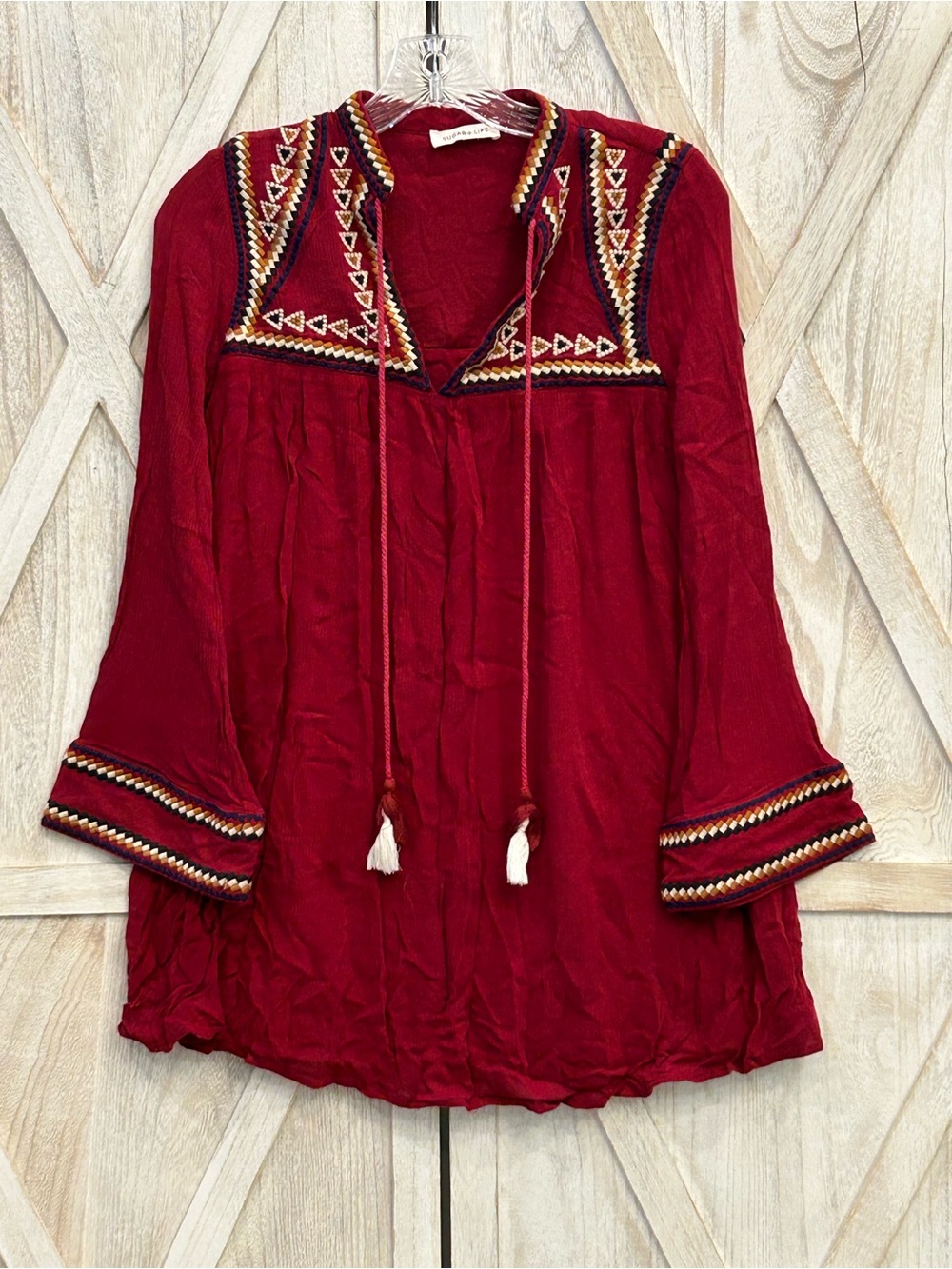 Sugarlips Red Embroidered Boho Tunic with Tassels